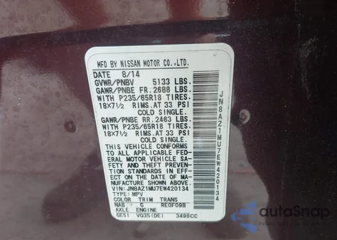 2014 Nissan Murano Sl z USA, uszkodzony, nr VIN JN8AZ1MU7EW420134